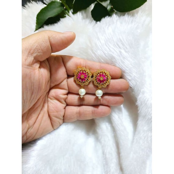 Floral Pink Stone Stud Earrings with Pearl Drop for Women | D1002REGO