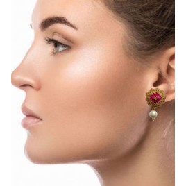 Floral Pink Stone Stud Earrings with Pearl Drop for Women | D1002REGO
