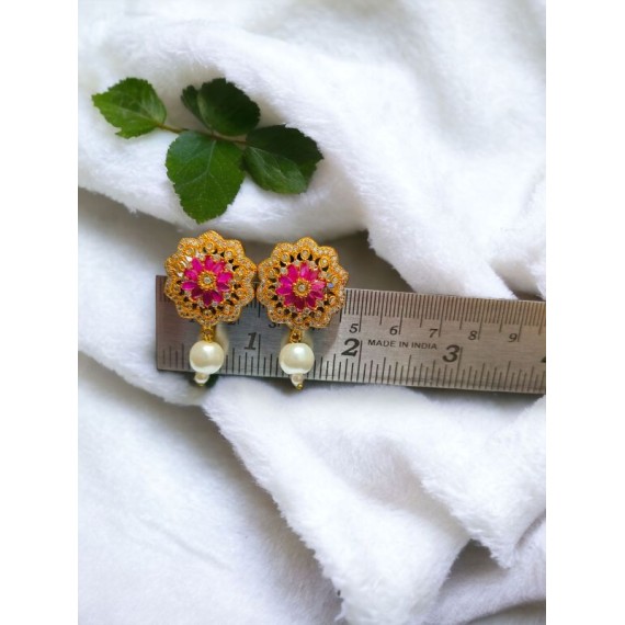 Floral Pink Stone Stud Earrings with Pearl Drop for Women | D1002REGO