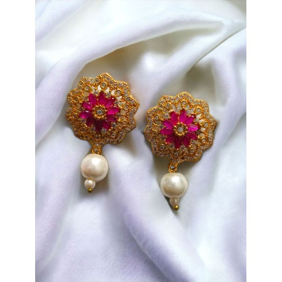 Floral Pink Stone Stud Earrings with Pearl Drop for Women | D1002REGO