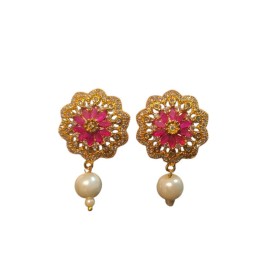 Floral Pink Stone Stud Earrings with Pearl Drop for Women | D1002REGO