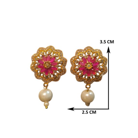 Floral Pink Stone Stud Earrings with Pearl Drop for Women | D1002REGO