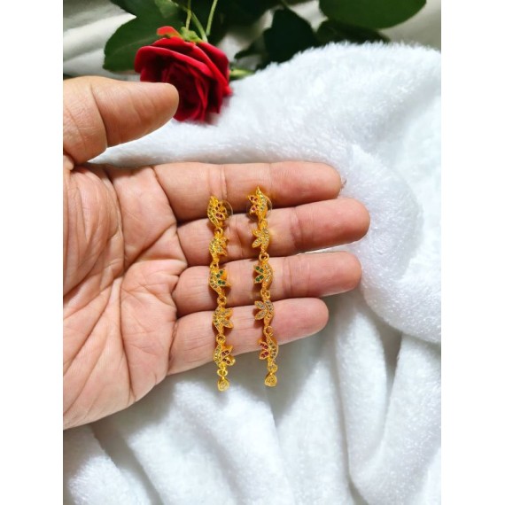 Elegant Gold-Plated Long Drop Earrings with Floral Motif | D1008MUGO