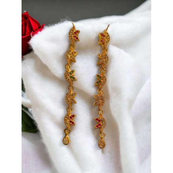 Elegant Gold-Plated Long Drop Earrings with Floral Motif | D1008MUGO