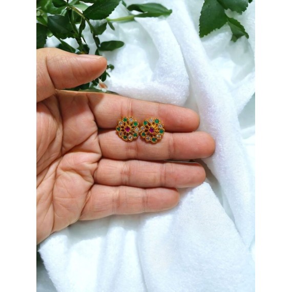 Gold-Plated Floral Stud Earrings with Green and Pink Stone Accents | D1017MUGO