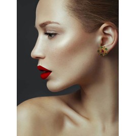 Gold-Plated Floral Stud Earrings with Green and Pink Stone Accents | D1017MUGO