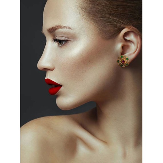 Gold-Plated Floral Stud Earrings with Green and Pink Stone Accents | D1017MUGO