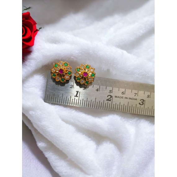 Gold-Plated Floral Stud Earrings with Green and Pink Stone Accents | D1017MUGO