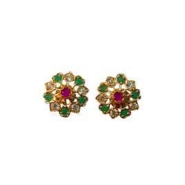 Gold-Plated Floral Stud Earrings with Green and Pink Stone Accents | D1017MUGO