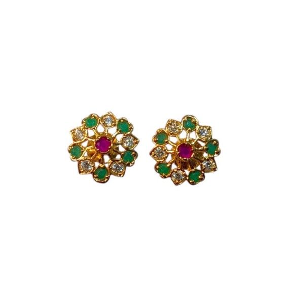 Gold-Plated Floral Stud Earrings with Green and Pink Stone Accents | D1017MUGO