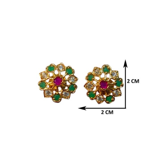 Gold-Plated Floral Stud Earrings with Green and Pink Stone Accents | D1017MUGO