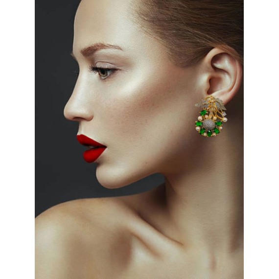DE29GRGO Stud Earring fancy traditional flower style ethnic gold plated Earrings american diamond jewlery