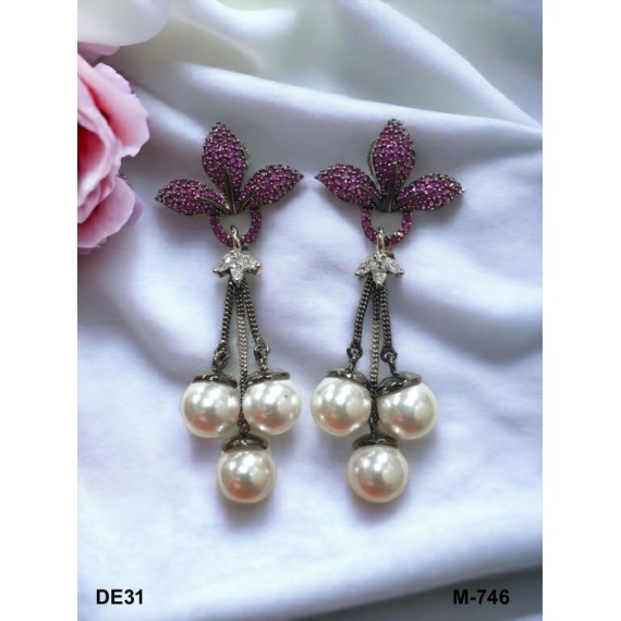 DE31RERH Small chain Earring fancy traditional flower style ethnic gold plated Earrings american diamond jewlery