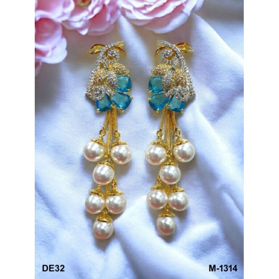 DE32AQGO american diamond jewlery pearls small chain Earring fancy traditional flower style ethnic gold plated Earrings