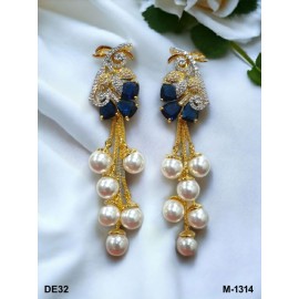 DE32BLGO american diamond jewlery pearls small chain Earring fancy traditional flower style ethnic gold plated Earrings