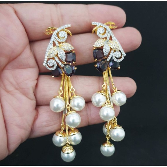 DE32BLGO american diamond jewlery pearls small chain Earring fancy traditional flower style ethnic gold plated Earrings