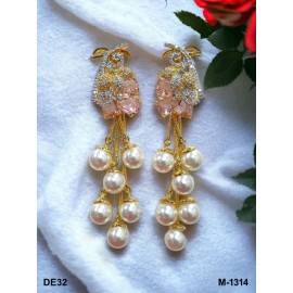 DE32PIGO american diamond jewlery pearls small chain Earring fancy traditional flower style ethnic gold plated Earrings