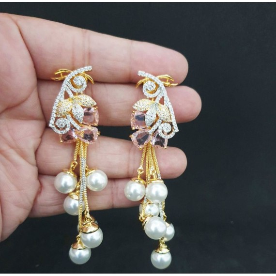 DE32PIGO american diamond jewlery pearls small chain Earring fancy traditional flower style ethnic gold plated Earrings