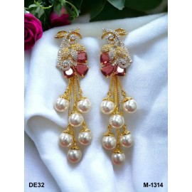 DE32REGO american diamond jewlery pearls small chain Earring fancy traditional flower style ethnic gold plated Earrings