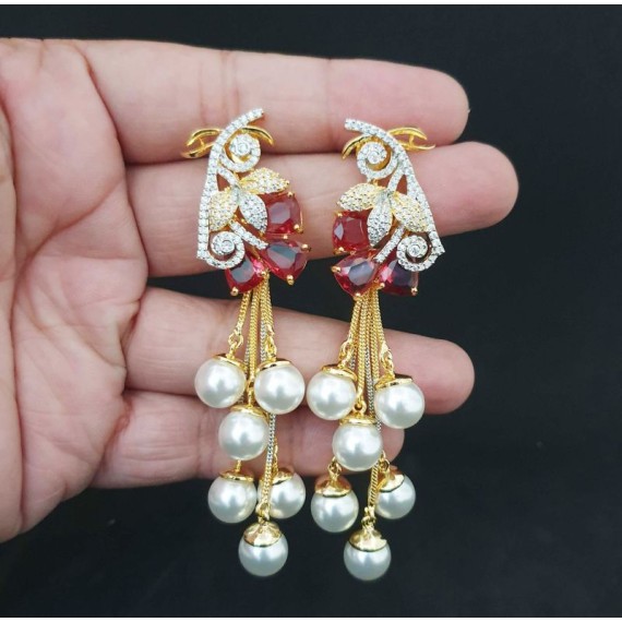 DE32REGO american diamond jewlery pearls small chain Earring fancy traditional flower style ethnic gold plated Earrings