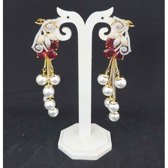 DE32REGO american diamond jewlery pearls small chain Earring fancy traditional flower style ethnic gold plated Earrings