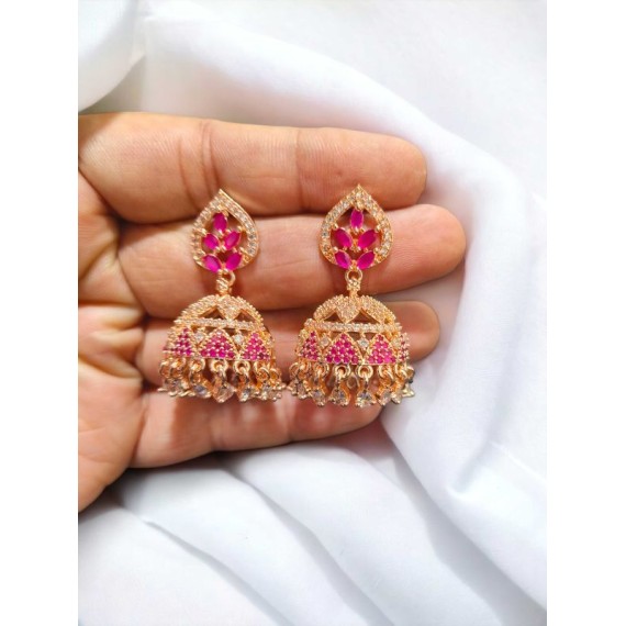 DJ10RERO Jhumka Earrings Fashionista Indian Jewelry Traditions Rose Gold Charm Elegance White Plated