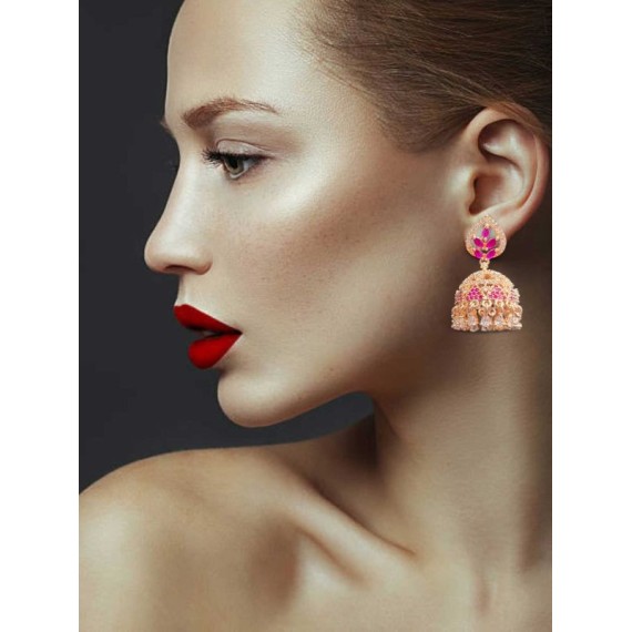 DJ10RERO Jhumka Earrings Fashionista Indian Jewelry Traditions Rose Gold Charm Elegance White Plated