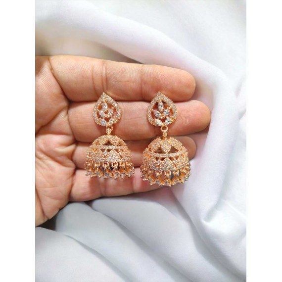 DJ10WHRO Jhumka Earrings Fashionista Indian Jewelry Traditions Rose Gold Charm Elegance White Plated