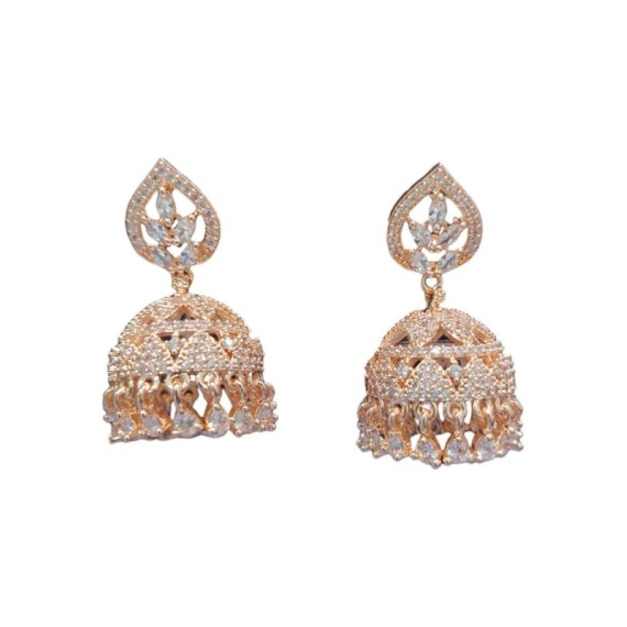 DJ10WHRO Jhumka Earrings Fashionista Indian Jewelry Traditions Rose Gold Charm Elegance White Plated