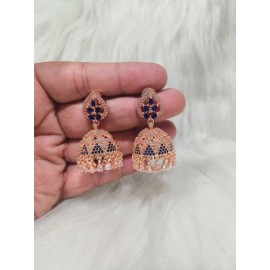 Jhumka Earrings Fashionista Indian Jewelry Traditions Rose Gold Charm Elegance White Plated DJ10BLRO