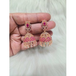 Jhumka Earrings Fashionista Indian Jewelry Traditions Rose Gold Charm Elegance White Plated DJ12RERO