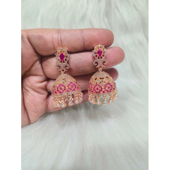 Jhumka Earrings Fashionista Indian Jewelry Traditions Rose Gold Charm Elegance White Plated DJ12RERO