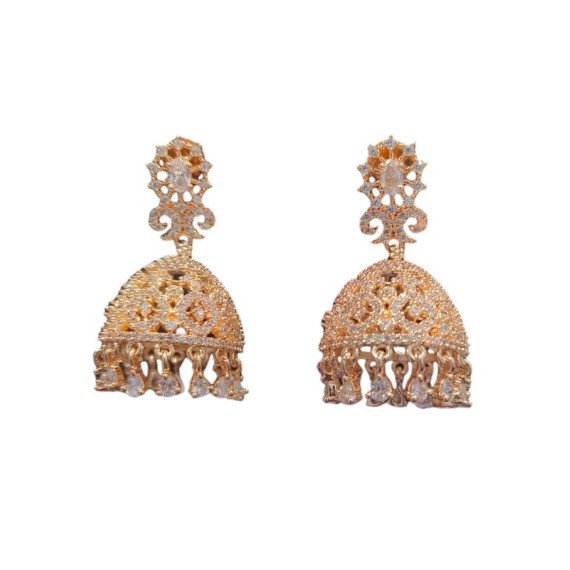 Jhumka Earrings Fashionista Indian Jewelry Traditions Rose Gold Charm Elegance White Plated DJ12WHRO