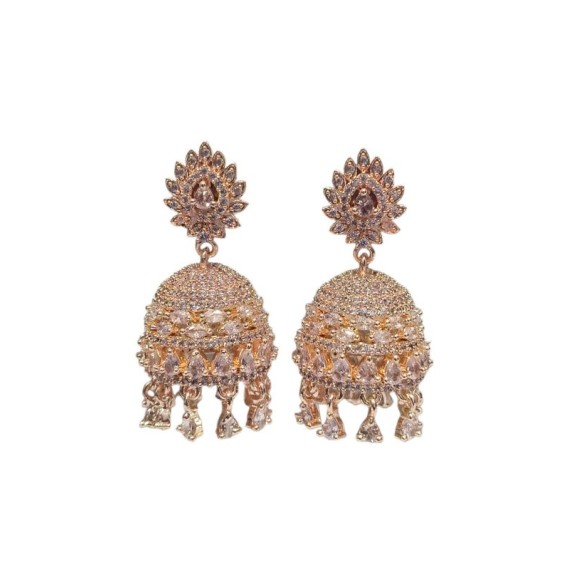 Jhumka Earrings Fashionista Indian Jewelry Traditions Rose Gold Charm Elegance White Plated DJ17WHRO