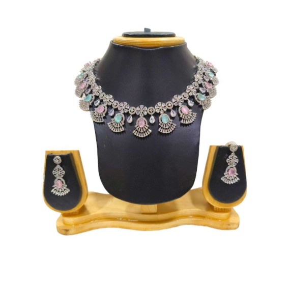 DN05MURH White Brass Orthodox Women's Alloy New Design Indian Plated Forming Necklace Set for Womens Jewelry Sets Ethnic Jewelry Hook