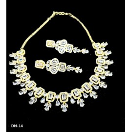 DN14WHGO Fancy artificial american diamond gold plated necklace set