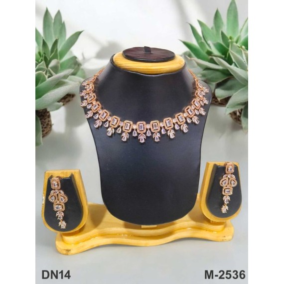 DN14WHRO Fancy artificial american diamond gold plated necklace set