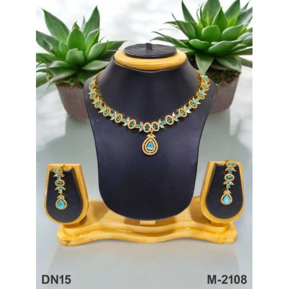 DN15AQGO Fancy Indian american diamond gold plated necklace jewelry set