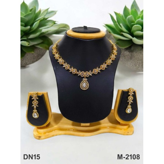 DN15WHGO Fancy Indian american diamond gold plated necklace jewelry set