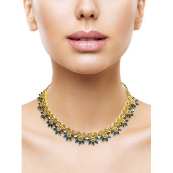 DN18BLGO Fancy Indian american diamond gold plated necklace jewelry set