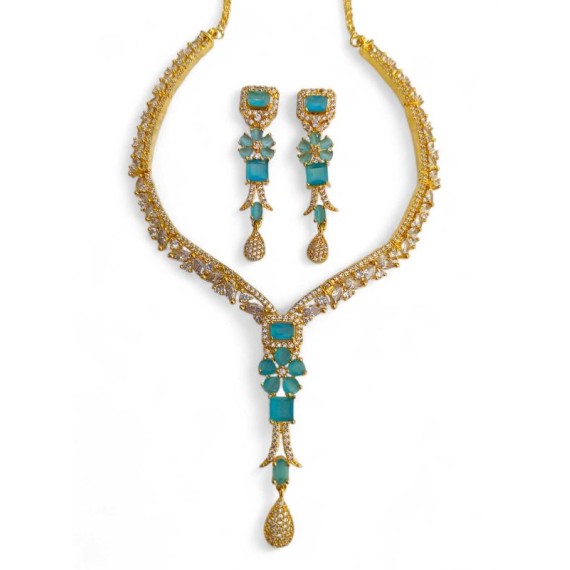 DN22AQGO Fancy Indian american diamond gold plated necklace jewelry set