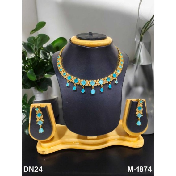 DN24AQGO Fancy Indian american diamond gold plated necklace jewelry set