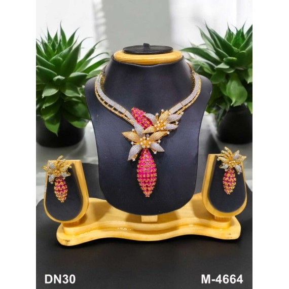 Affordable artificial american diamond necklace set gold plated DN30REGO