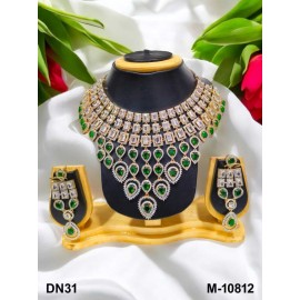 Premium artificial american diamond necklace set gold plated DN31GRGO