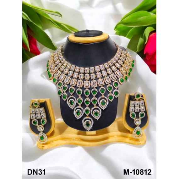 Premium artificial american diamond necklace set gold plated DN31GRGO