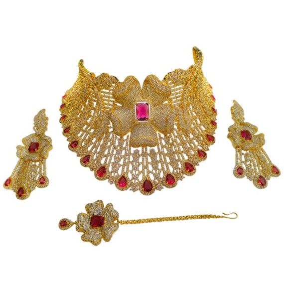 Indian Bridal Jewellery Set for Orthodox Women Gold Plated Alloy Chain Necklace with Ethnic Gold Brass DN40REGO