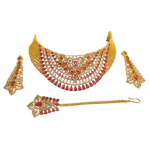 Fashion jewellery wholesale online Women's trendy new style American Diamond Gold Plated Choker Set with Maang Tikka DN49REGO