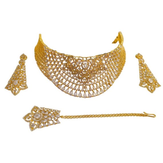 Fashion jewellery wholesale online Women's trendy new style American Diamond Gold Plated Choker Set with Maang Tikka DN49WHGO