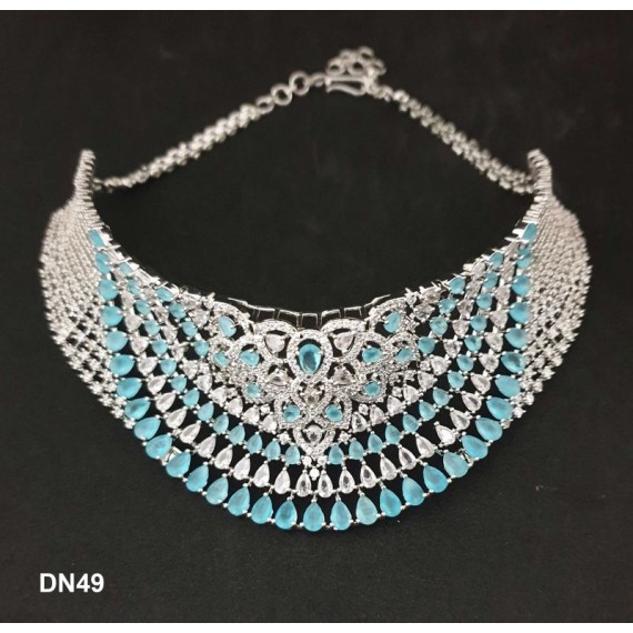 DN49AQRH Fashion jewellery wholesale online Women's trendy new style American Diamond Gold Plated Choker Set with Maang Tikka