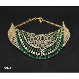 DN49GRGO Fashion jewellery wholesale online Women's trendy new style American Diamond Gold Plated Choker Set with Maang Tikka